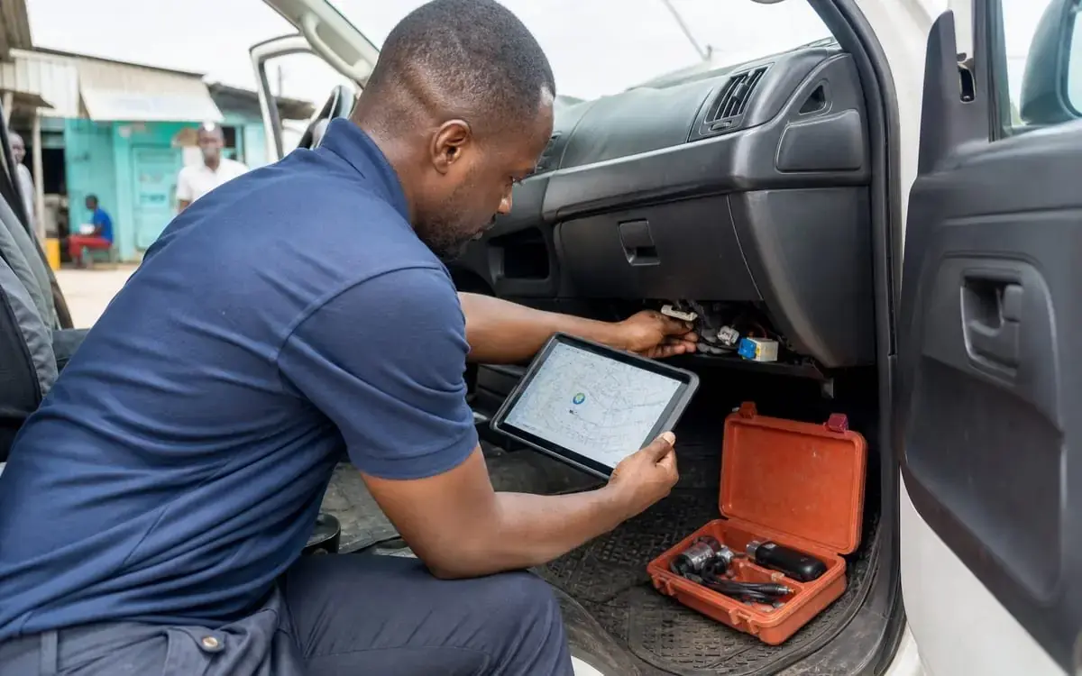 Technicien installant un traceur GPS dans un véhicule